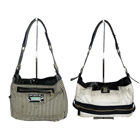 L.A.M.B Reversible White Nylon & Stripes Fabric Patent Leather Strap Hobo Bag - Picture 15 of 16